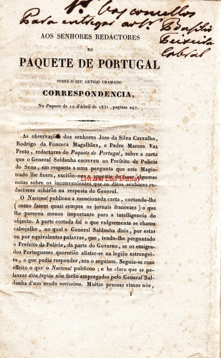 SENHORES (AOS) Redactores do Paquete de Portugal sobre o seu artigo chamado Correspondencia, no Paquete de 12 d'Abril de 1831, paginas 247