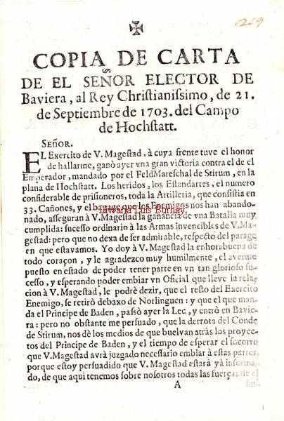 COPIA DE CARTA / DE EL SEÑOR ELECTOR DE / Baviera, al Rey Christianissimo, de 21. de Septiembre de 1703. del Campo / de Hochtatt