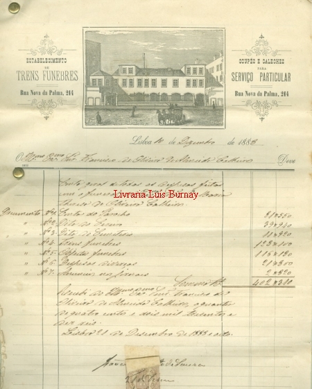Documentação das despesas com o funeral de Dª Maria Tereza de Oliveira Almeida Calheiros e Menezes em Dezembro de 1888.