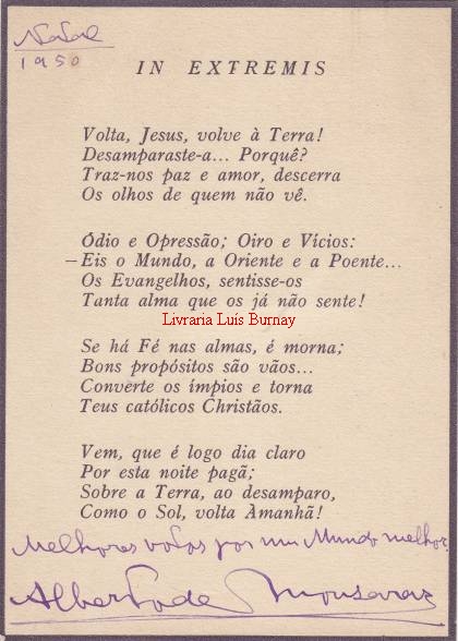 Cartão parcialmente impresso com uma poesia do 2º Conde de Monsaraz, com votos de boas festas e assinatura autógrafas. A poesia intitula-se \
