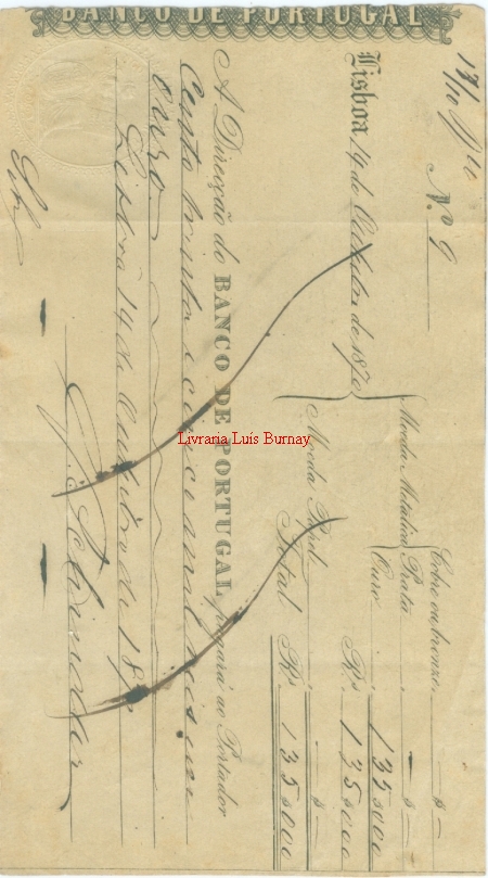 Cheque de 135$000 Réis datado de 14 de Outubro de 1870