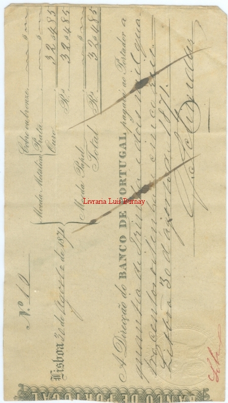 Cheque de 32$485 Réis datado de 30 de Agosto de 1871